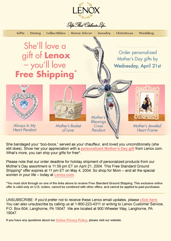 She'll love a gift of Lenox - you'll love free shipping
