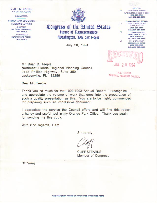 he Hired Hand - Letter from U.S. Rep. Cliff Stearns re NEFRPC annual report